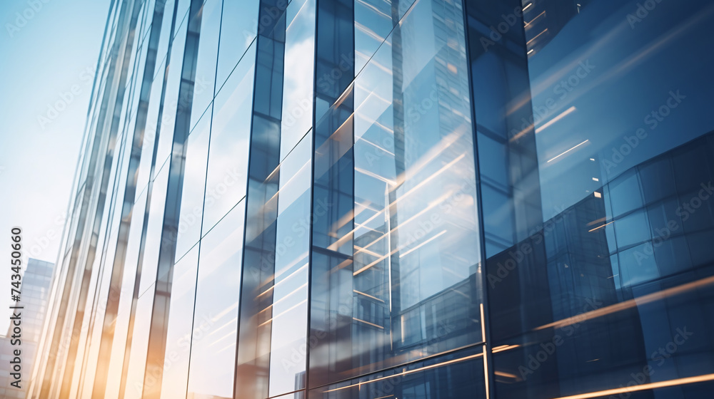 Blurred glass wall of modern business office building at the business center use for background in business concept. Blur corporate business office. Abstract office windows background. - obrazy, fototapety, plakaty 