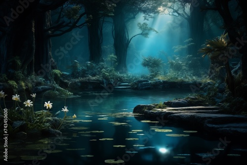 Moonlit blue forest pond with trees, white flowers reflecting in water at night