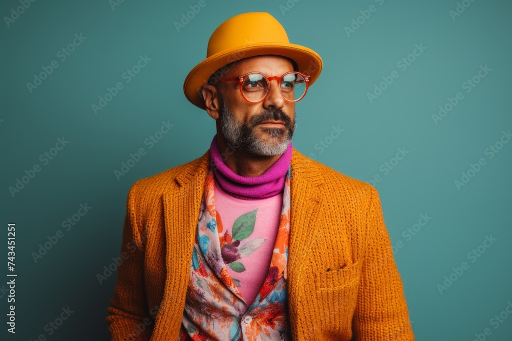 Portrait of a bearded Indian man in a yellow coat and orange hat.