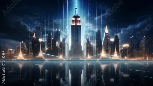An ethereal interpretation of the Empire State Building, with shimmering curtains of light cascading down its facade