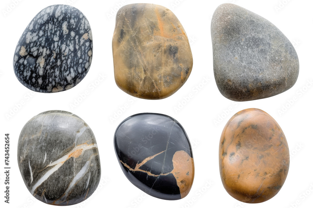 Collection of water river stone or spa stone with various types and shapes isolated on background, rock round shape. Collection of water river stone or spa stone with various types and shapes isolated on background, rock round shape.