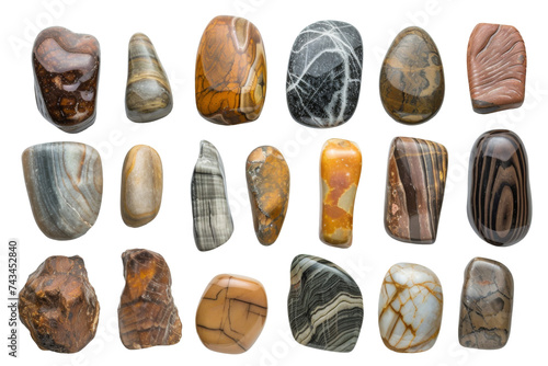 Collection of water river stone or spa stone with various types and shapes isolated on background, rock round shape.
