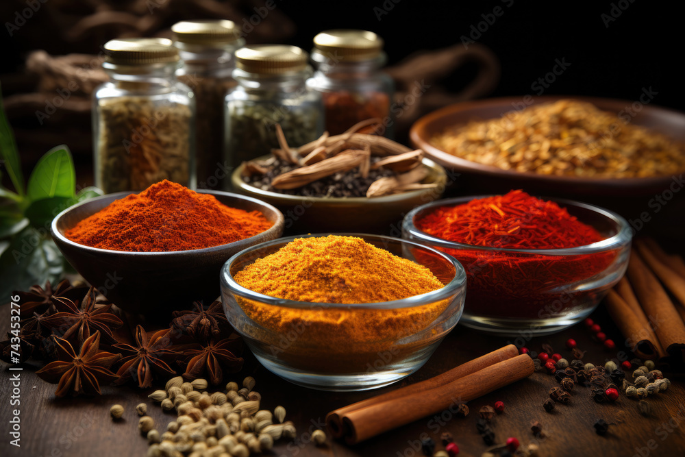 Wooden table of colorful spices of Zanzibar

