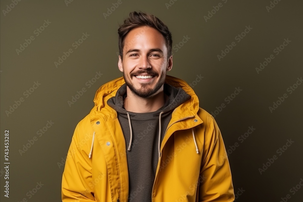 Portrait of a handsome young man in yellow jacket smiling at camera. Portrait of a handsome young man in yellow jacket smiling at camera.