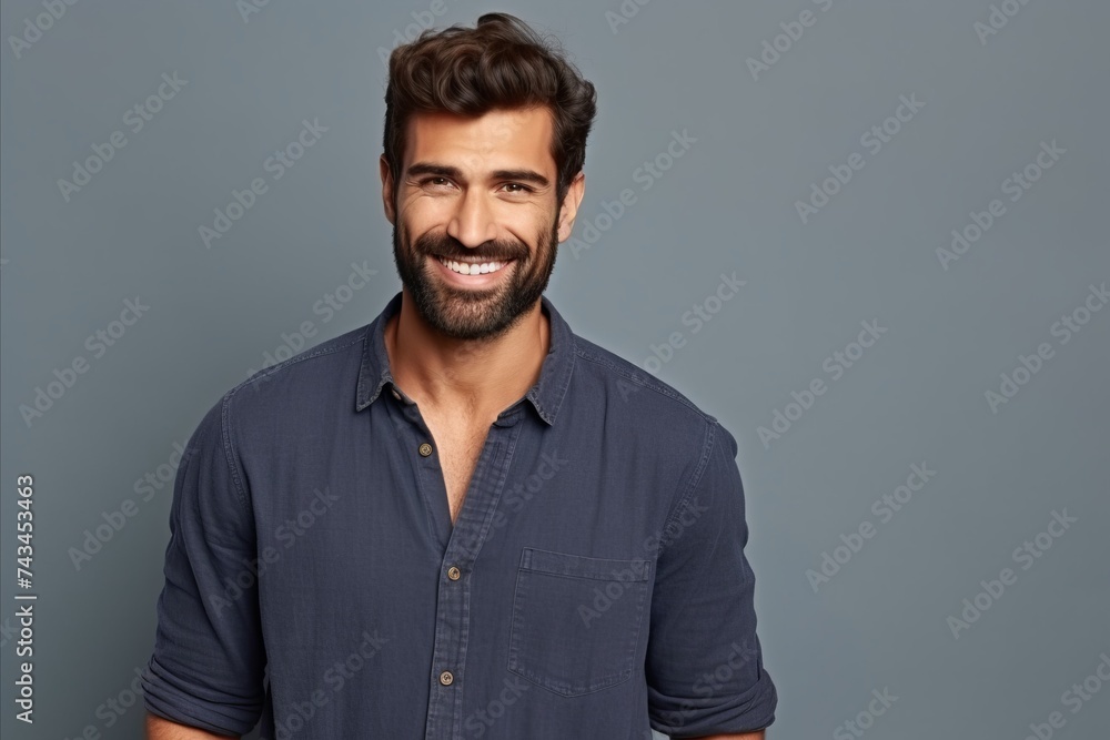 Handsome young man smiling and looking at camera against grey background