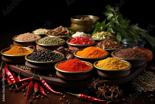 Wooden table of colorful spices of Zanzibar 