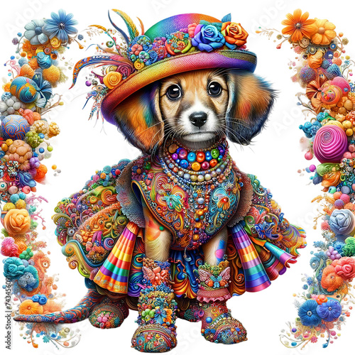clown with a toy gnome : Eccentrically Adorned Dog with Hat and Jewelry isolated on solid white background photo
