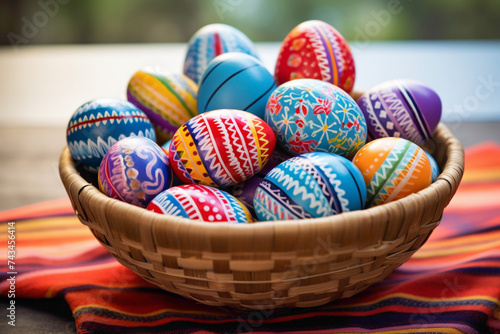 A colorful array of Easter eggs arranged in a wicker basket, showcasing a delightful mix of patterns, stripes, and swirls.
