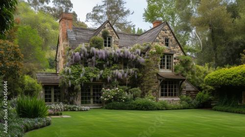 Framed by cascading wisteria vines and a perfectly manicured lawn this cottage garden house boasts a clic design with a touch of oldworld charm.