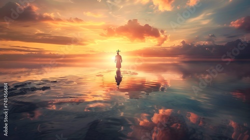 Man standing on the edge of the ocean with a beautiful sunset in the background 