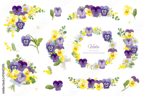 水彩で描いた可愛いビオラと春の花のフレームセット