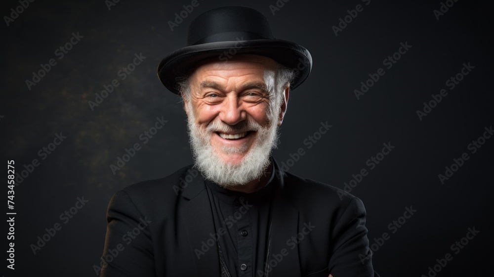 Close-up portrait of a happy elderly man of 70-80 years old with a gray beard, wearing a black hat, a suit on a dark background.