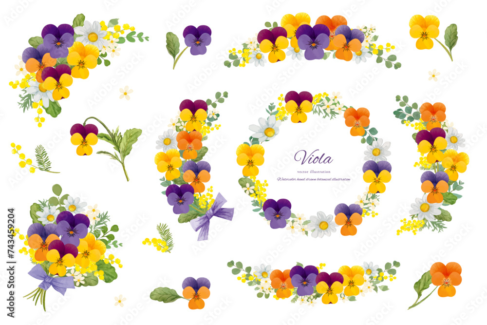 水彩で描いた可愛いビオラと春の花のフレームセット