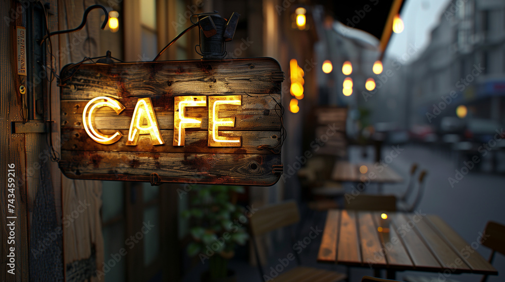 Rustic and Inviting Café Signboard Illuminated with Neon Lights at Dusk ...