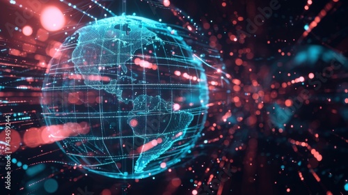 A holographic globe displaying the interconnectedness of global stock markets with realtime data streams flowing between different countries and regions.