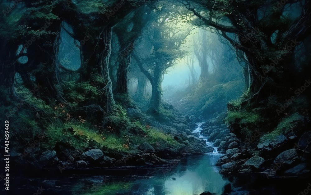 Mysterious dark forest with a river flowing through it. Fantasy landscape