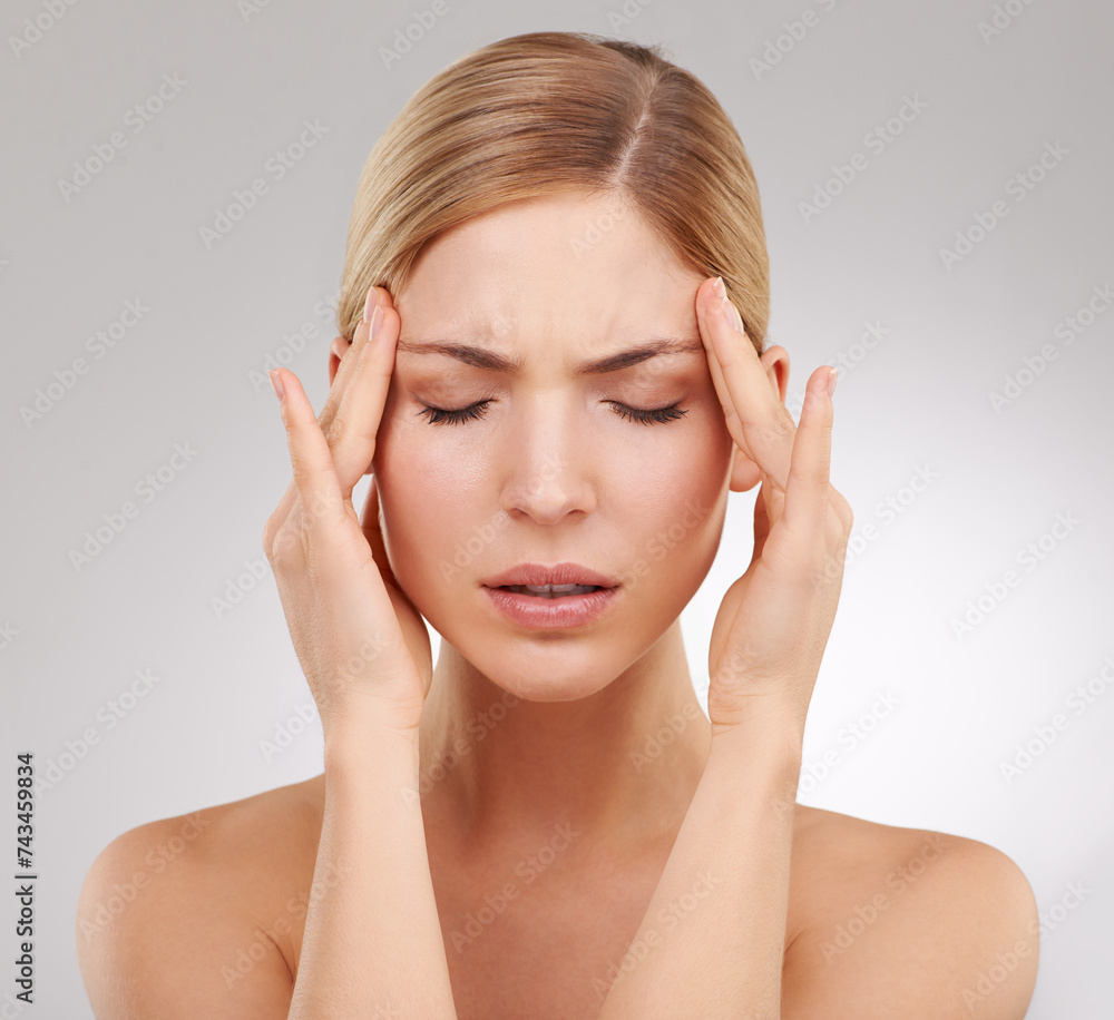 Sick, headache and woman in studio, pain and hands on temple for massage, health and migraine. Beauty, female person and girl with stress from grooming, cosmetology and results for treatment on face Sick, headache and woman in studio, pain and hands on temple for massage, health and migraine. Beauty, female person and girl with stress from grooming, cosmetology and results for treatment on face