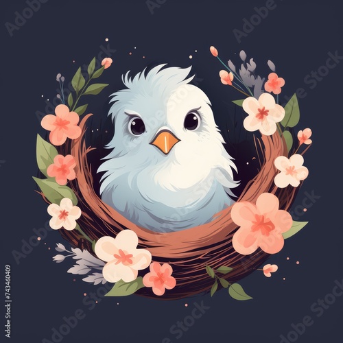 A painted cute blue chick in a nest with flowers on a dark background