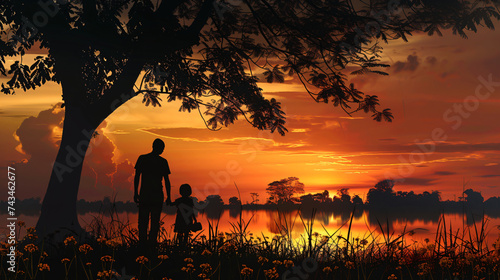 Silhouette of man and girl among nature, beautiful.