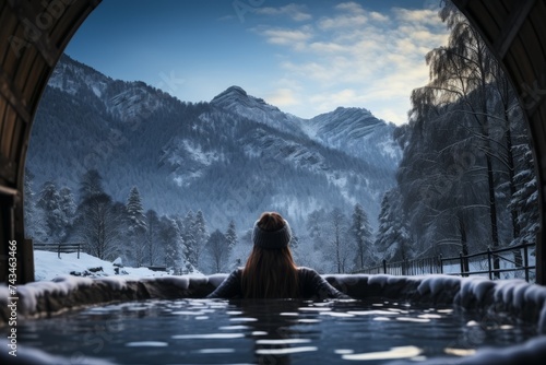 young woman relaxing in outdoor warm tub and enjoying snowy winter forest landscape at spa resort