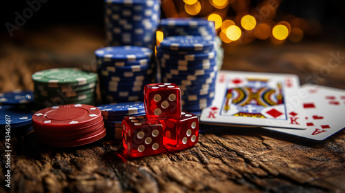 Casino chips and red gaming dice and poker cards, on dark background with bokeh, blur golden background. Concept of casino game poker, card playing, gambling chips banner backdrop background photo