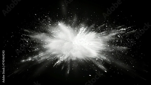 White grainy texture. Abstract dust overlay. Grain noise. White explosion on black background. Splash light realistic effect. Vector illustration © Jennifer