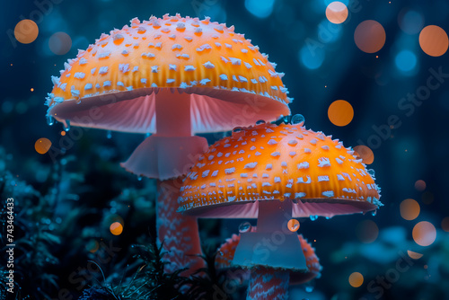 Magically Illuminated Mushrooms in a Dark Forest