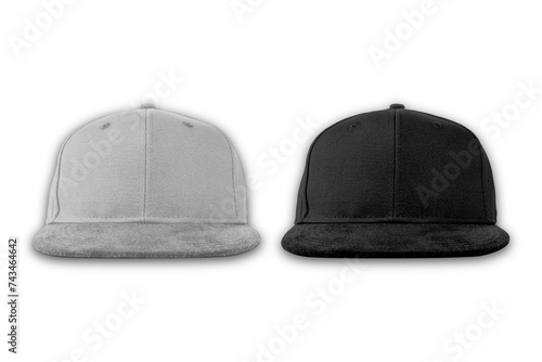 Fitted black hat from different angles isolated on a white background. Front, top, back and side view of black cap.Blank baseball snap back cap color black on white background. 3d rendering. photo