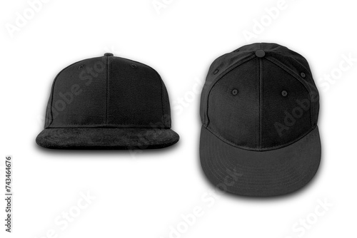 Fitted black hat from different angles isolated on a white background. Front, top, back and side view of black cap.Blank baseball snap back cap color black on white background. 3d rendering.
