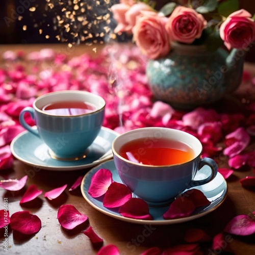 Romantic elegant cup of tea with flower petals