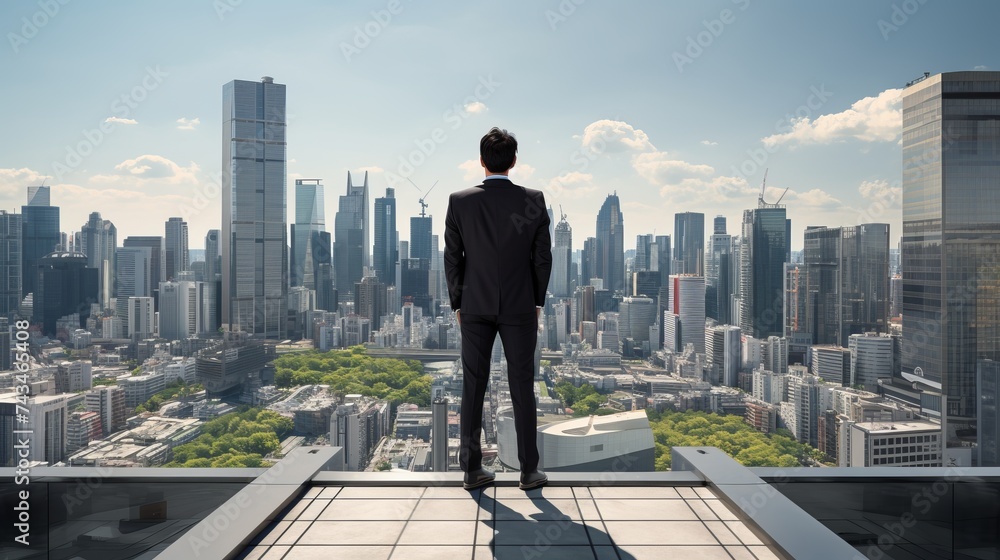 Man Standing on Rooftop, Looking at Cityscape