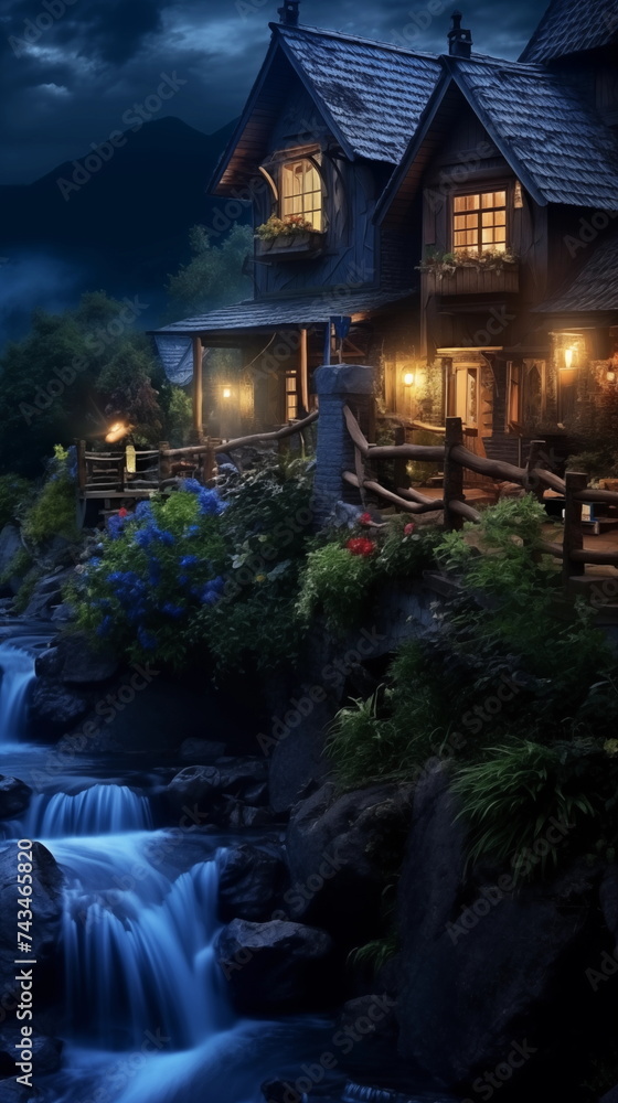 village view at night with river on the middle, village at night wallpaper and background