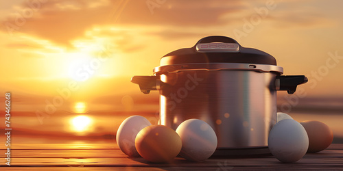 presure with eggs at sunset,presure cooker with easter eggs photo