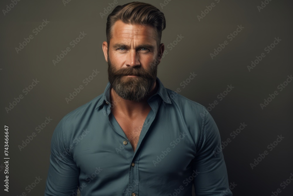 Handsome bearded man in blue shirt. Men's beauty, fashion. Handsome bearded man in blue shirt. Men's beauty, fashion.