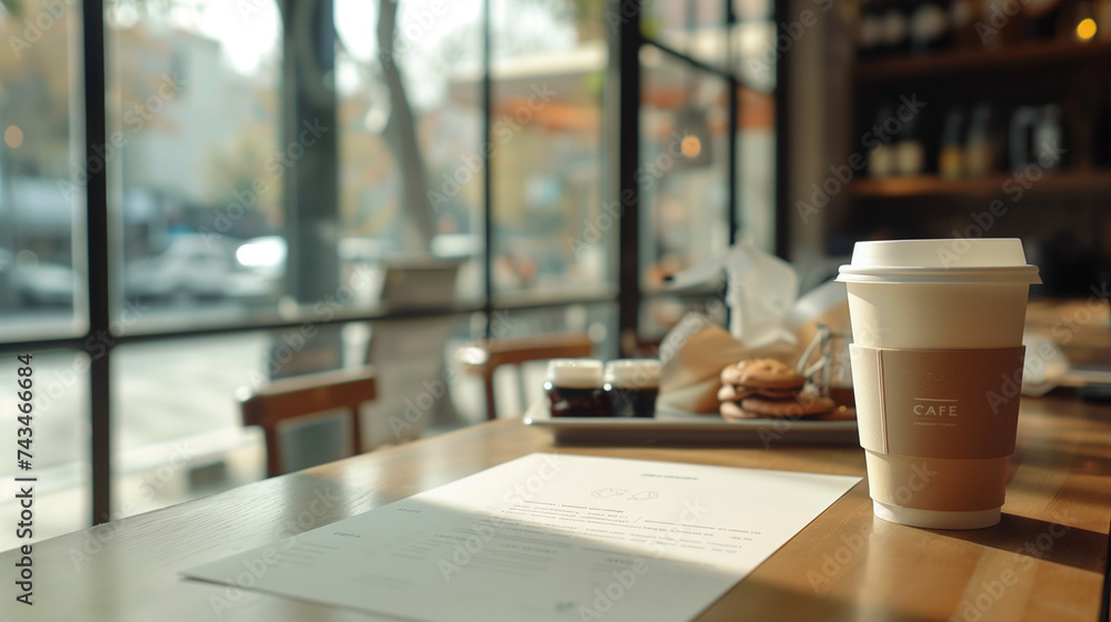 Morning Coffee Scene with a Disposable Cup on a Café Table, Menu in the Foreground, in a Bright and Welcoming Coffee Shop Atmosphere Morning Coffee Scene with a Disposable Cup on a Café Table, Menu in the Foreground, in a Bright and Welcoming Coffee Shop Atmosphere