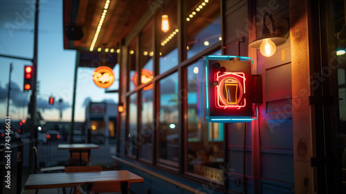 Twilight Ambiance at a Local Café with a Glowing Neon Coffee Cup Sign, Offering a Warm Invitation to Evening Patrons