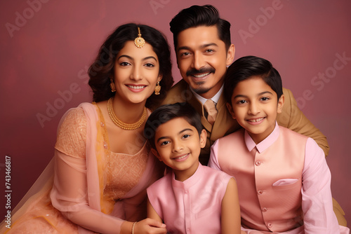 Illustration photo portrait of beautiful indian family. Parents with kids on studio background