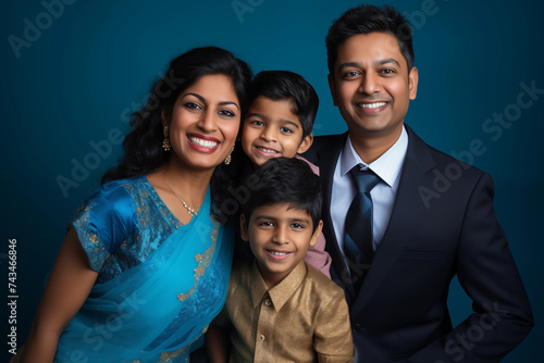 Illustration photo portrait of beautiful indian family. Parents with kids on studio background