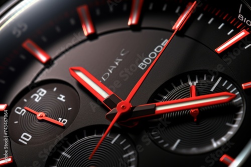 Closeup of a luxury wrist watch with red and black dial.