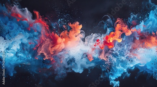 blue and red colors in water. Ink blot. Abstract black background