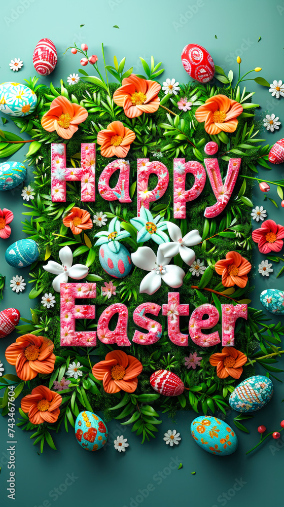 Happy Easter message with floral letters on a lush green background adorned with spring flowers and decorated eggs, celebrating the joyful spirit of the Easter holiday