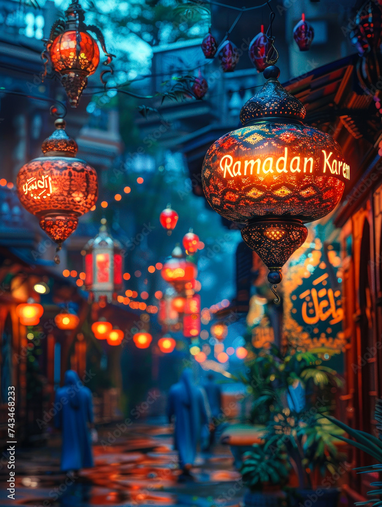 Ramadan Kareem greeting with a beautiful display of traditional lanterns, twinkling lights, and festive decorations celebrating the holy month of fasting
