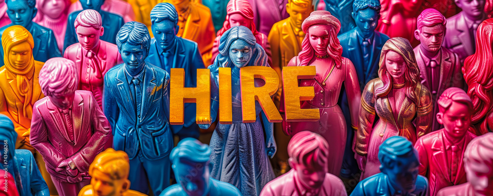 Large bold HIRE ME words surrounded by 3D figures symbolizing job seekers and candidates aspiring for employment opportunities