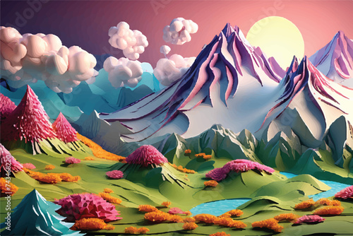 3D Paper Mountain Vector Illustration with Sculptural Paper Craft. Folded Fantasy: Vector 3D Paper Mountain Art.