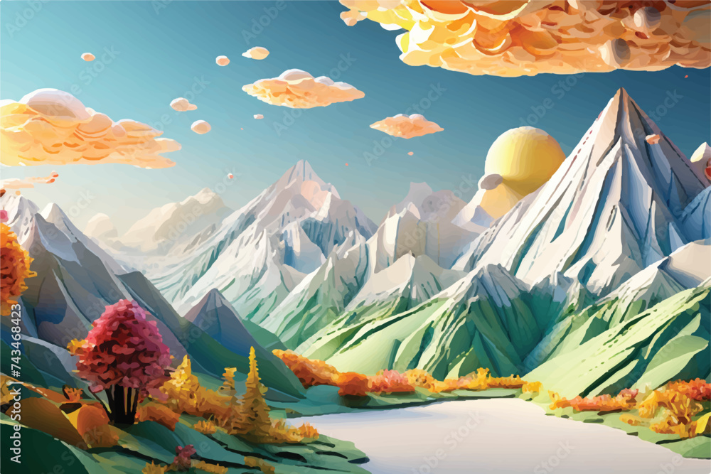 3D Paper Mountain Vector Illustration with Sculptural Paper Craft. Paper Range: Sculptural Mountain Craft in Vector.