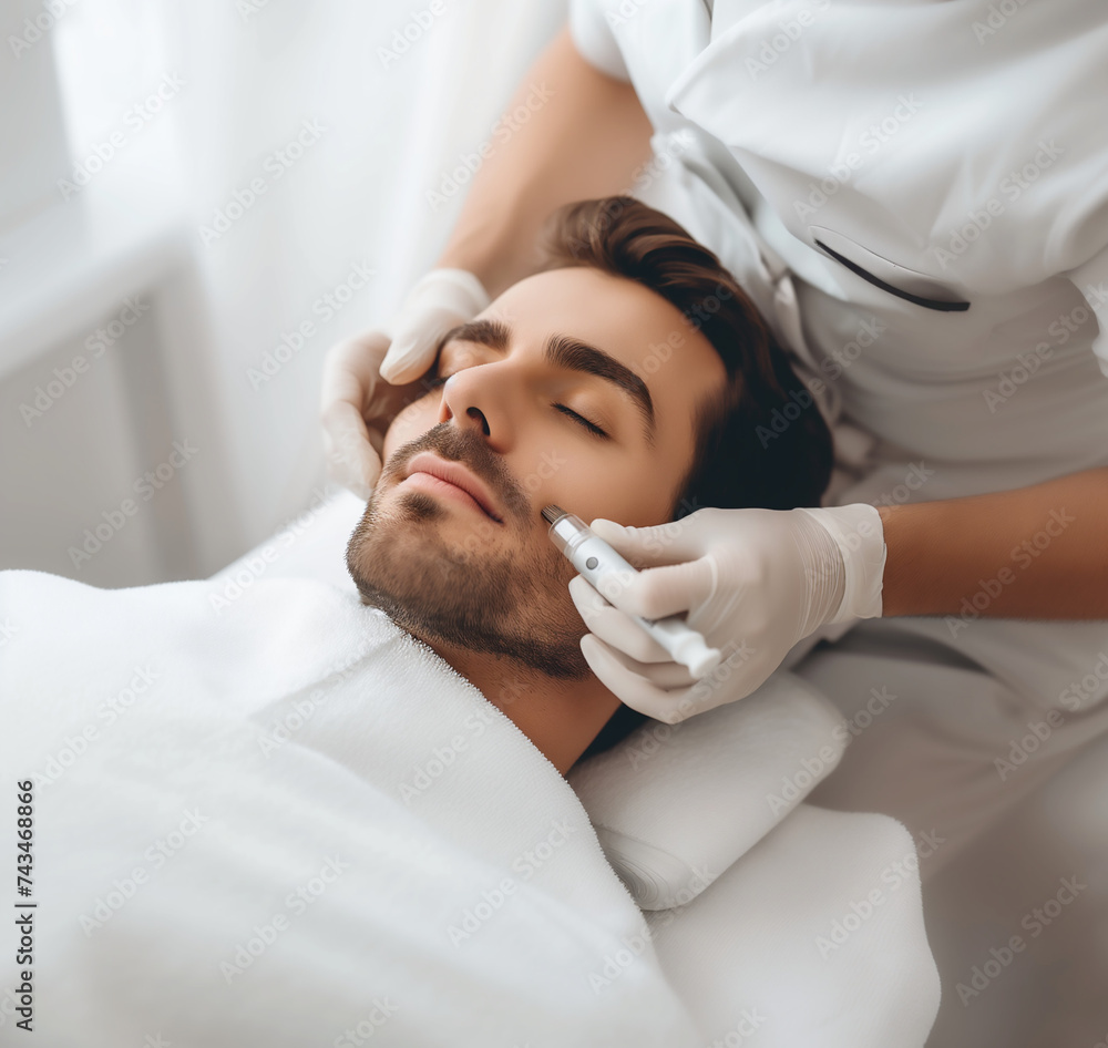 homme allongé sur une table de soin, chez un médecin esthétique pour une injection de toxine botulique, ou botox, ou acide hyaluronique dans le visage. Chirurgie esthétique. homme allongé sur une table de soin, chez un médecin esthétique pour une injection de toxine botulique, ou botox, ou acide hyaluronique dans le visage. Chirurgie esthétique.