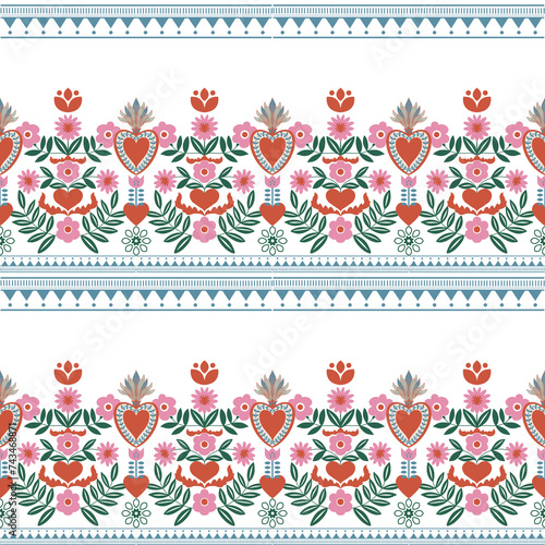 Polish ethnic seamless embroidery pattern with flowers and hearts inspired photo
