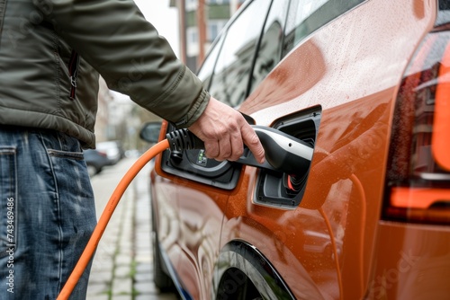 Electric Car Charging: Male Hands in Action