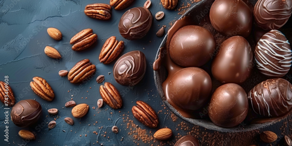 Fototapeta premium chocolate, pecans, and easter on dark background, empty space