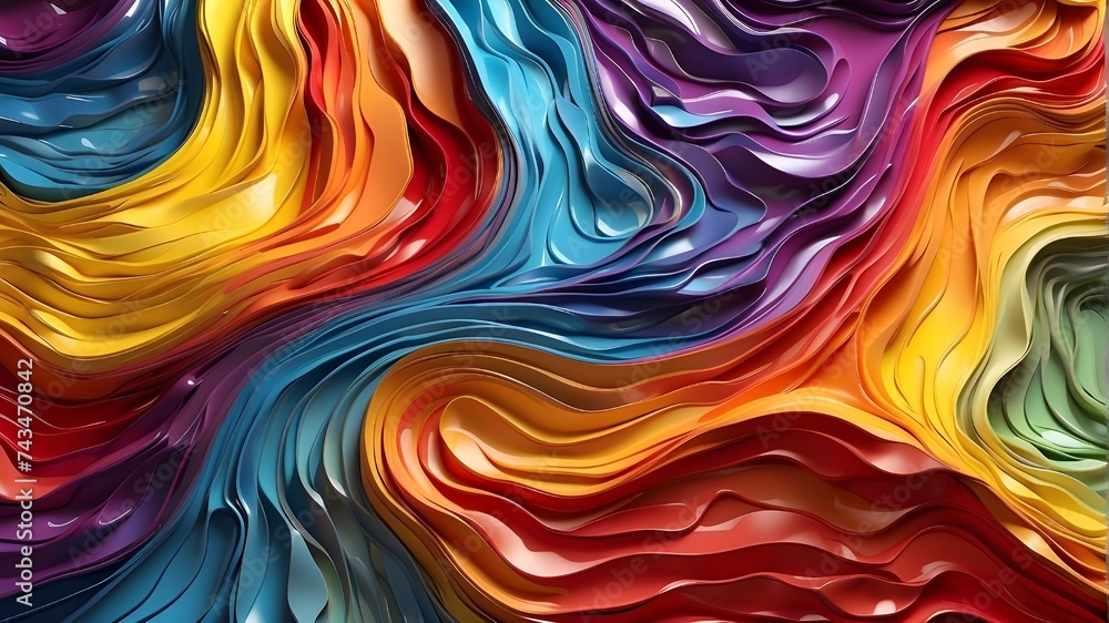 3D abstract wall coverings. Banner with liquid metal rainbow waves, Three-dimensional backdrop with swirls colored like a rainbow